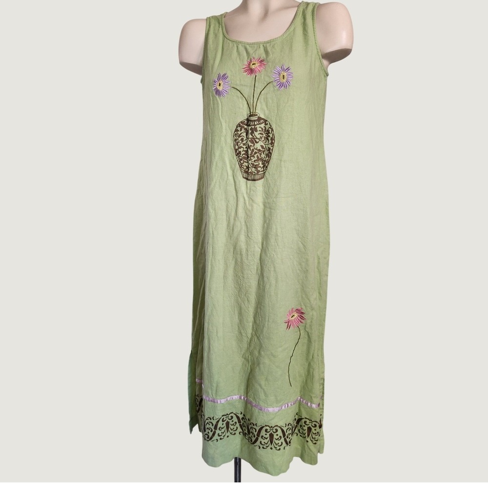 Sweet Jessie Sage Green Linen Blend Embroidered Floral Midi Dress‎ Womens 6
